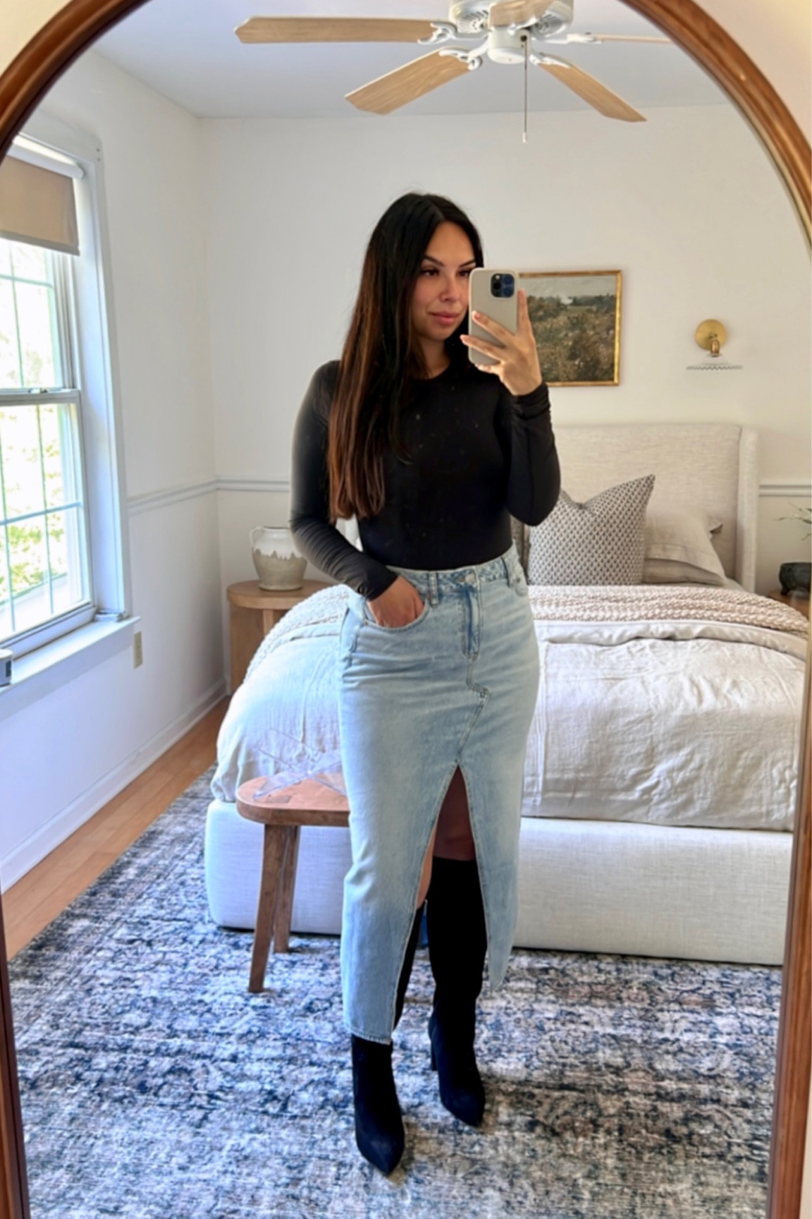 Fall faves! Denim maxi skirt is a new staple for me ✨ American eagle sale, boots, fall style, autumn ootd, amazon finds, bodysuit, skims dupe, shapewear, Amazon style, sale. 

#LTKsalealert #LTKstyletip #LTKxPrime