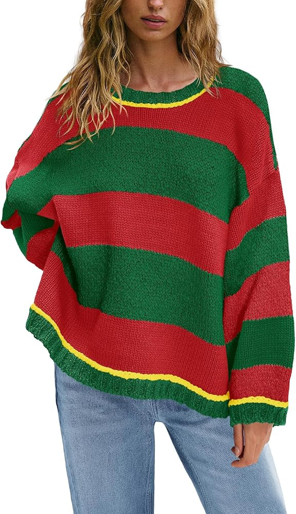 Nirovien Womens Striped Oversized Sweater Fall Chunky Sweater Cable Knit Colorblock Crewneck Pull... | Amazon (US)