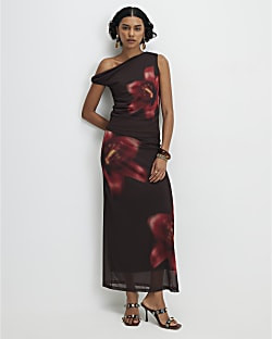 Brown Mesh Floral Print Maxi Skirt | River Island UK & IE