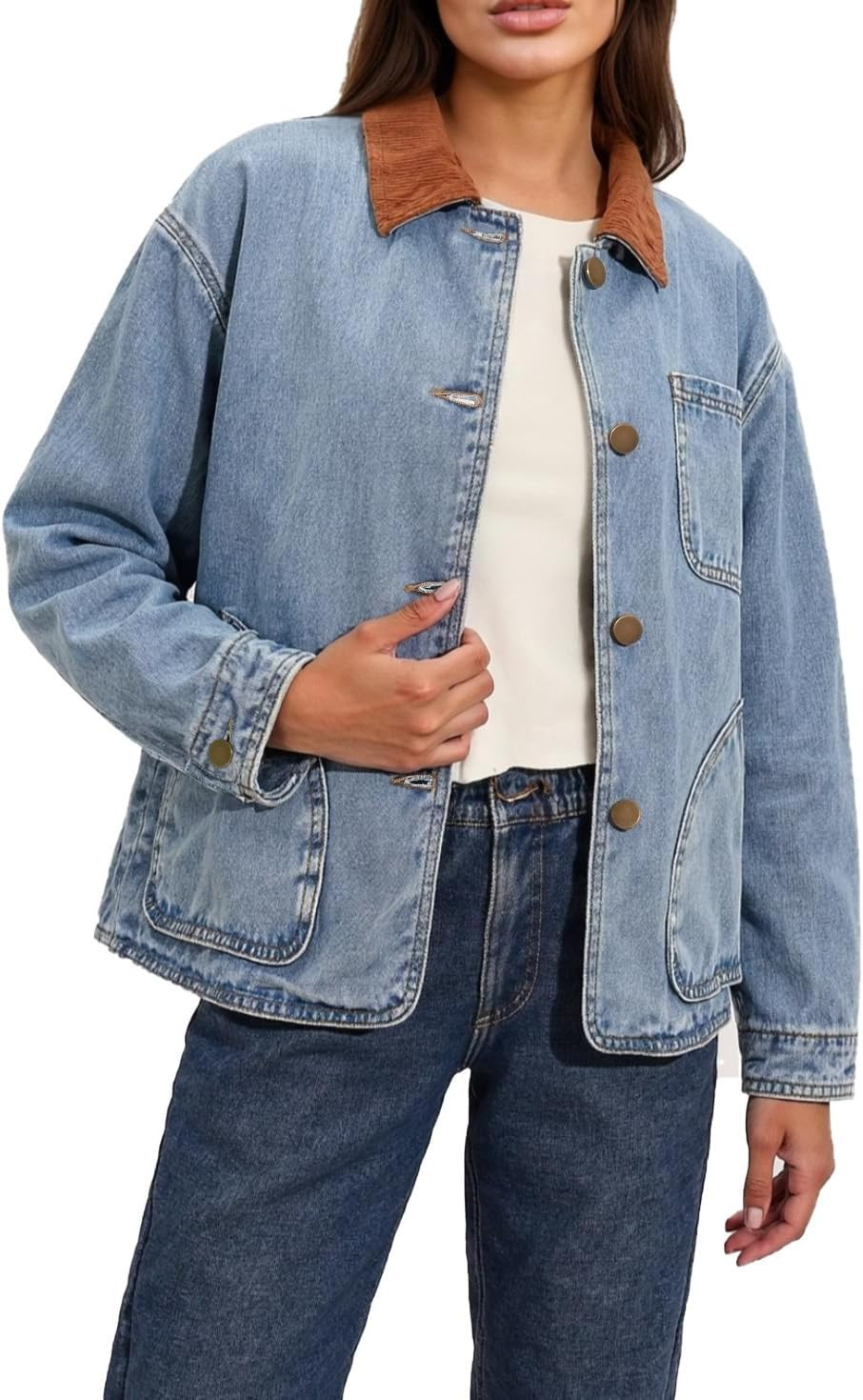 Womens Oversized Jeans Jacket Casual Long Sleeve Corduroy Collar Barn Boyfriend Trendy Denim Jacket Coat with Pockets | Amazon (US)