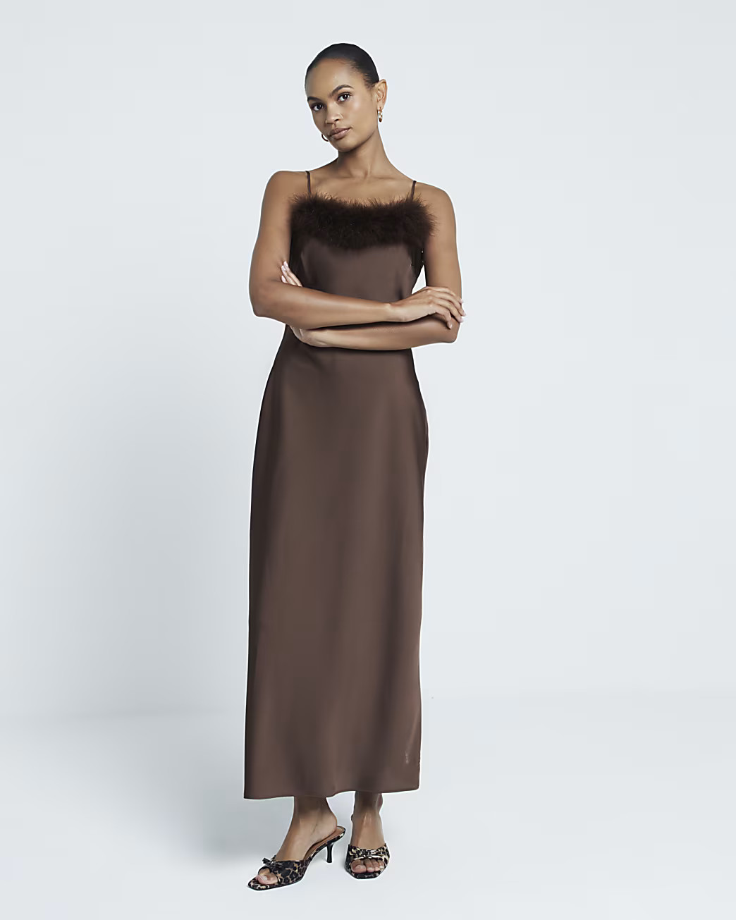 Brown Feather Trimmed Slip Dress | River Island (UK & IE)
