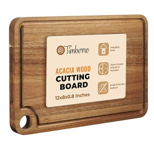 Timberro Acacia Wood Cutting Board (12x8x0.8 In.) - Small Wooden Boards with Handle and Juice Groove for Kitchen, Solid Mini Real Hardwood Hanging Chopping Boardsmith Butcher Block for BBQ | Amazon (US)