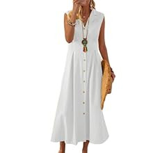 Women's Vintage Cotton Linen A-line Dress Summer Casual Button Down Long Dress | Amazon (US)