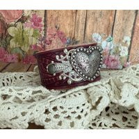 Heart Concho Burgundy Tooled Leather Cuff Bracelet. Gift For Her. Boho Cowgirl Jewelry | Etsy (US)
