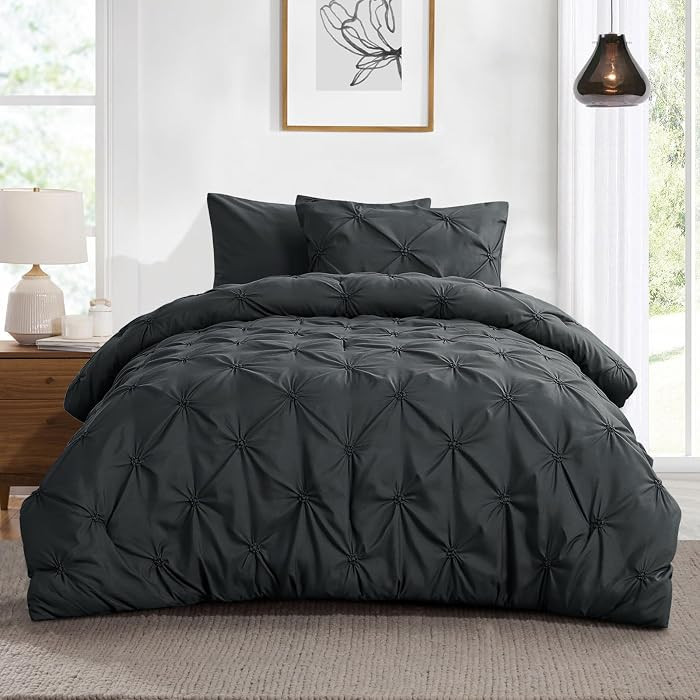 Aisbo Pintuck Comforter Set Twin - Anthracite Grey Pinch Pleated 2-Pieces Comforter Set Soft and Lightweight, All Season Down Alternative Comforter for Twin Size Bed with 1 Pillow Shams | Amazon (US)