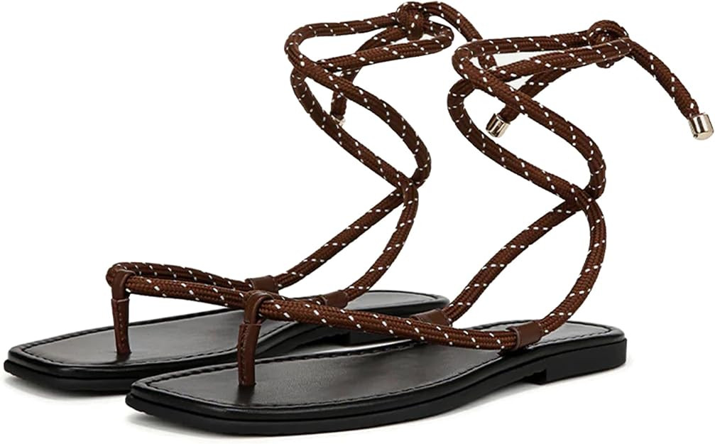 Rope Flat Sandals for Women Strappy Lace Up Square Open Toe Thong Sandals Comfortable Summer Beac... | Amazon (US)
