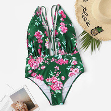 Plus Random Floral Plunge One Piece Swimwear | SHEIN