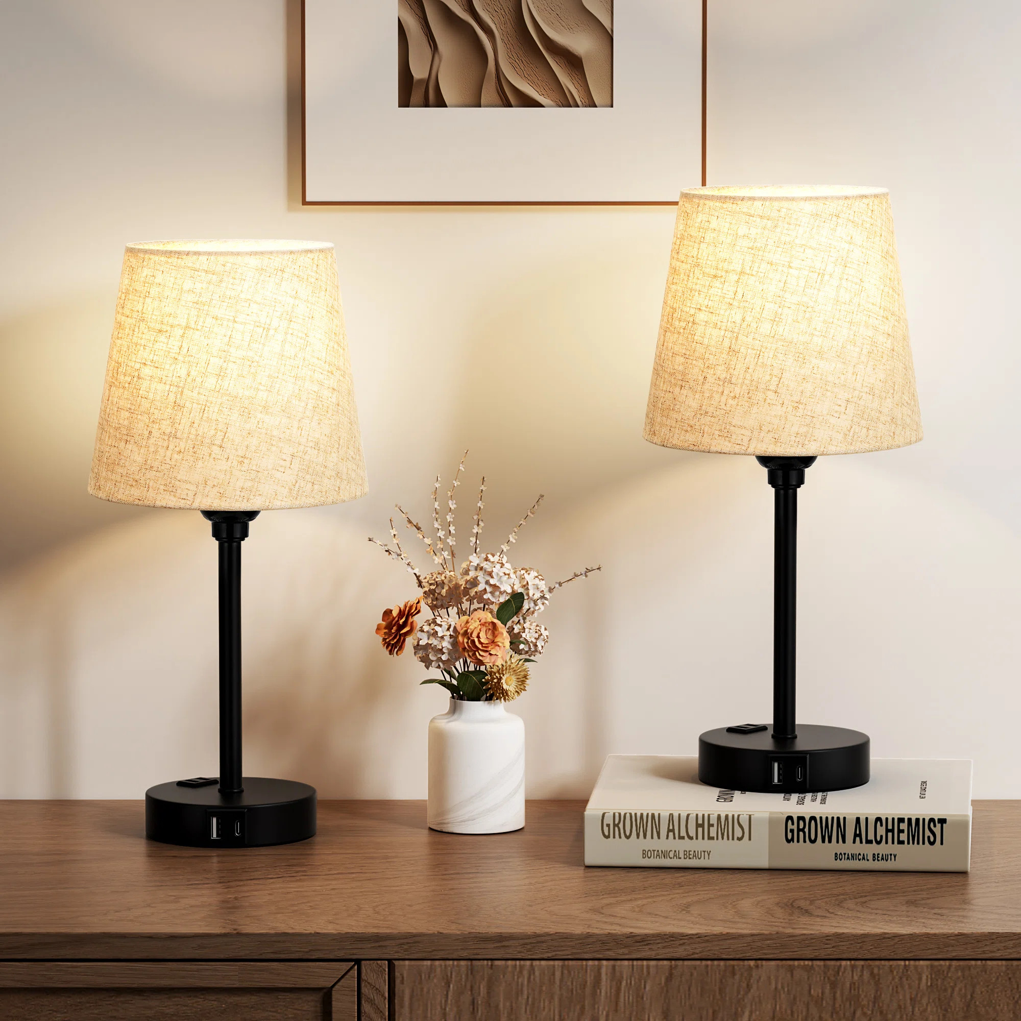 15'' Minimal Table Lamp Set with Touch Control, AC Outlet and USB A&C Ports (Set of 2) | Wayfair North America