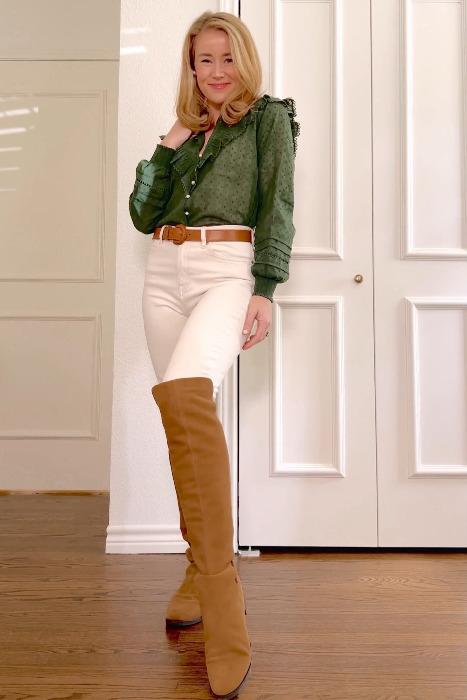 This green blouse has the prettiest ruffle details! 

Sizing: order your usual top size, I’m in an XS
Boots: I went a full size up to allow for thick socks, but not necessary! 