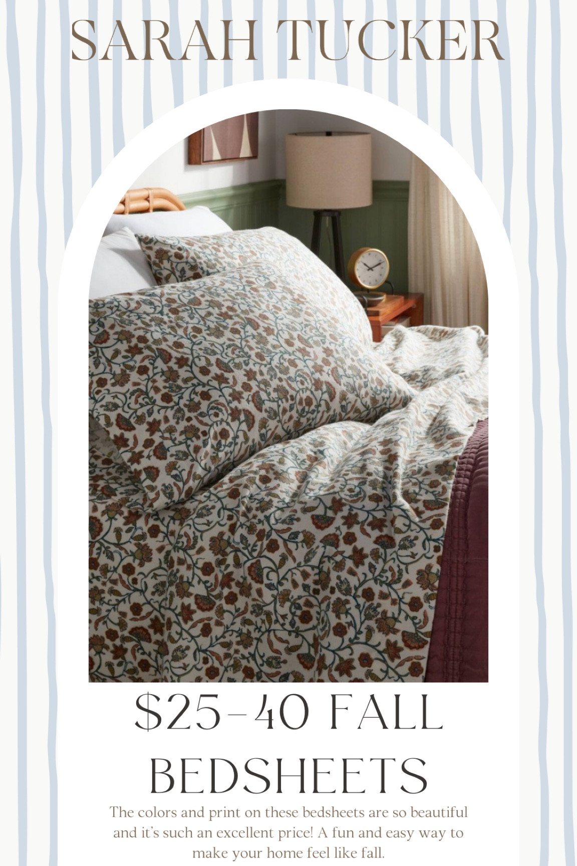 These floral bedsheets from Target are so cute for fall! Love them paired with a burgundy blanket or quilt. Flannel sheets to stay warm during the cooler months. And they are very affordable, only $25-40!

Target find, target home, bedding, bedroom, sheets, affordable fall home decor #targetfind #homedecor #bedding #fallhome #fallhomedecor 

#LTKfindsunder50 #LTKhome #LTKSeasonal