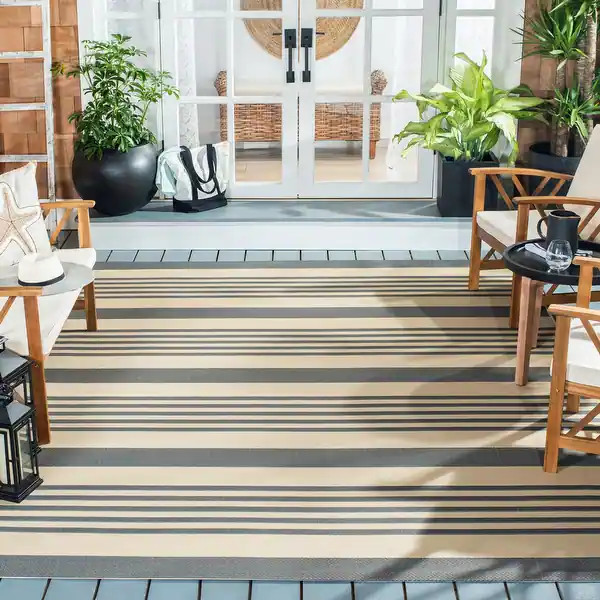 SAFAVIEH Courtyard Charmaine Striped Casual Indoor/ Outdoor Area Rug - 4' x 5'7" - Grey/Bone | Bed Bath & Beyond
