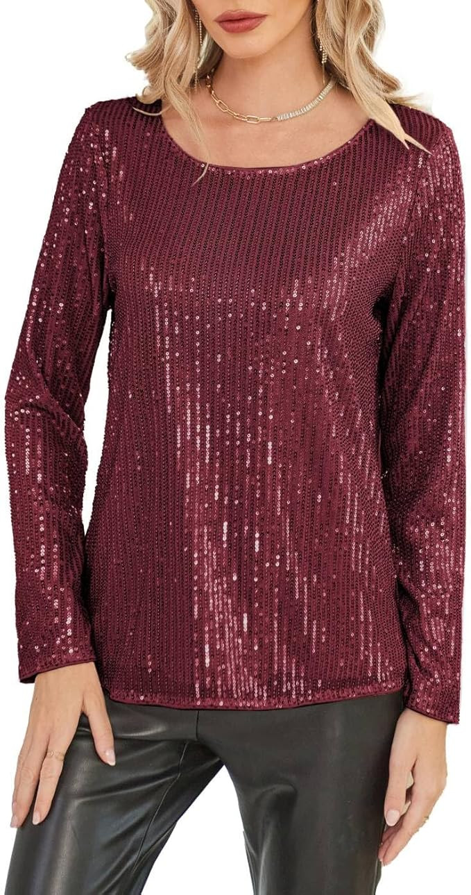 GRACE KARIN Sequin Tops for Women Sparkly Top Glitter Evening Party Shiny Split Mesh Back Long Sl... | Amazon (US)