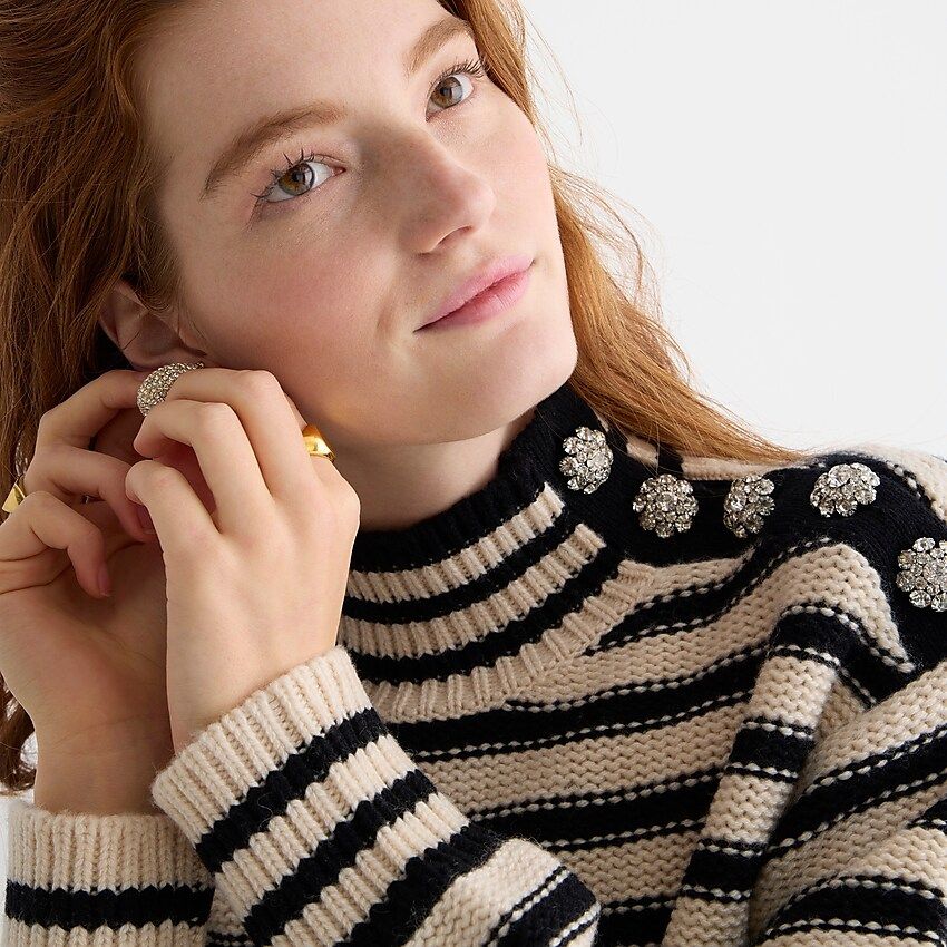 Cable-knit mockneck pullover in stripe with jewel buttons | J.Crew US