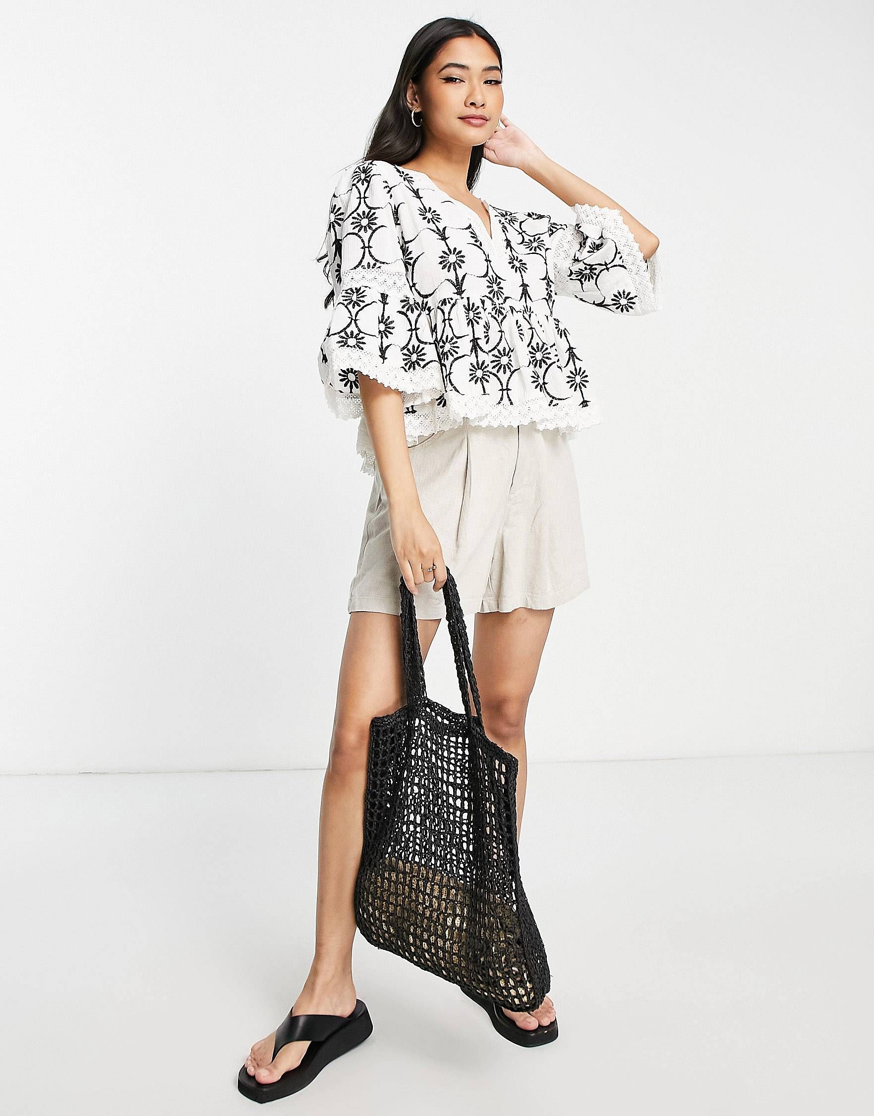 River Island embroidered eyelet cropped smock top in white | ASOS (Global)