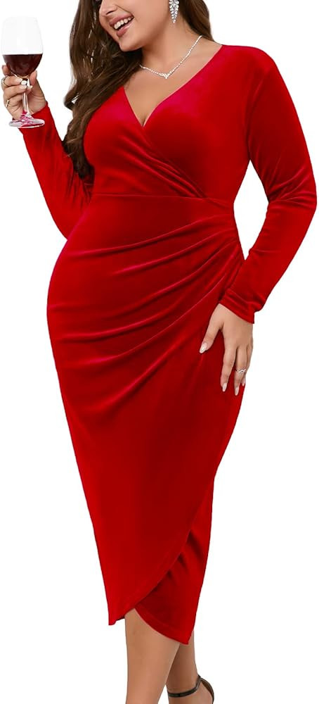 ZOMVA Plus Size Velvet Wrap Dress Ruched Bodycon Dress Long Sleeves Ruffle Long Elegant Party Wed... | Amazon (US)