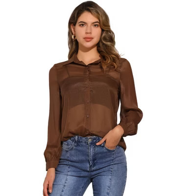 INSPIRE CHIC Women's Sheer Mesh Long Sleeve Button Down Shirts Small Brown | Target