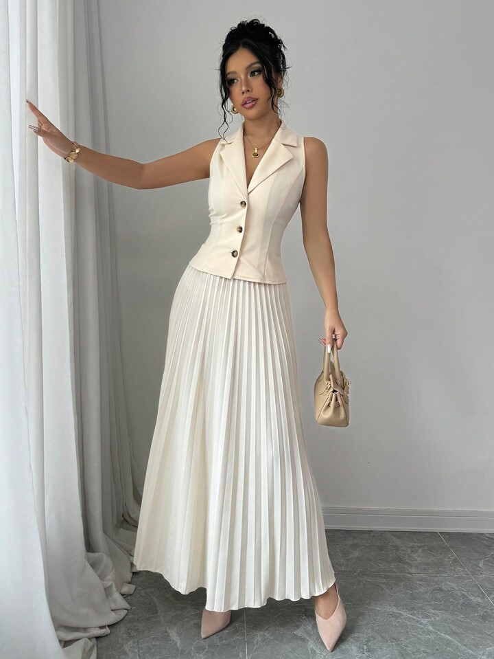 Elenzga Elegant Single Breasted Sleeveless Vest And Pleated Dress 2 Pieces Set, Autumn/Winter | SHEIN