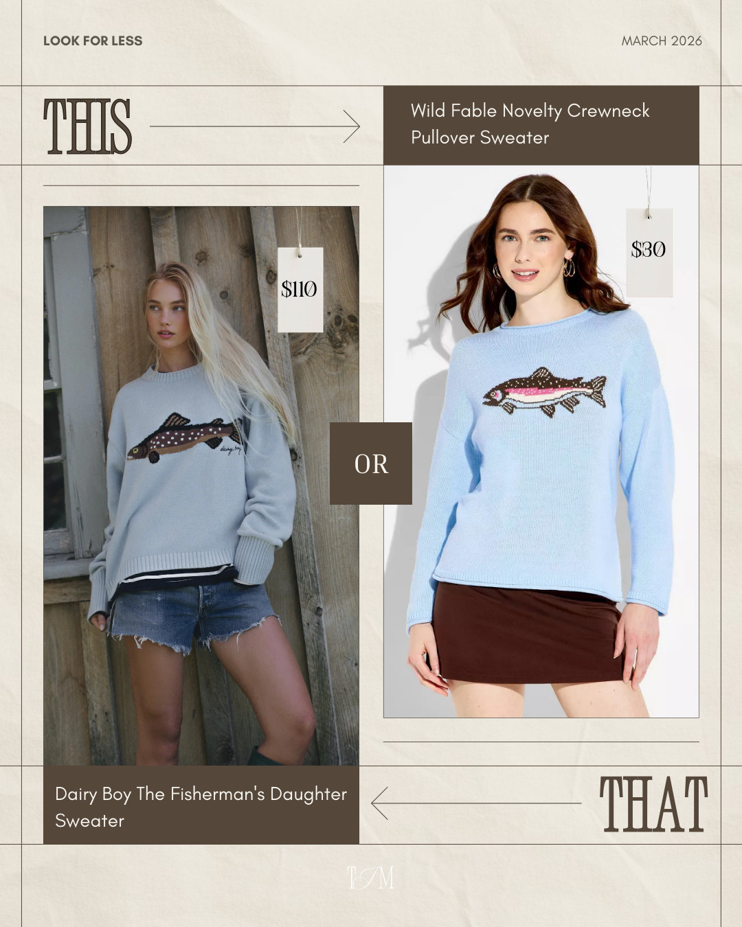 Found a great look for less — the Dairy Boy Fisherman’s Daughter sweater vs this Wild Fable fish crewneck from Target. Same fun fisherman vibe but the Target version is only $30 compared to $110!!
spring outfits 2026, date night outfits, vacation outfits beach, easter basket stuffers, easter dress women, st patricks day outfit women, spring dresses, work outfits, plus size fashion, spring break outfits
target fashion finds, look for less, wild fable sweater, fisherman aesthetic, coastal style outfit 

 #LTKgrwm #LTKootd #LTKWorkwear