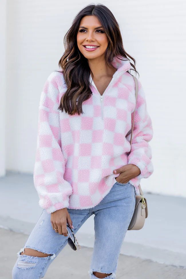 Get What You Get Pink Checkered Sherpa Quarter Zip Pullover | Pink Lily