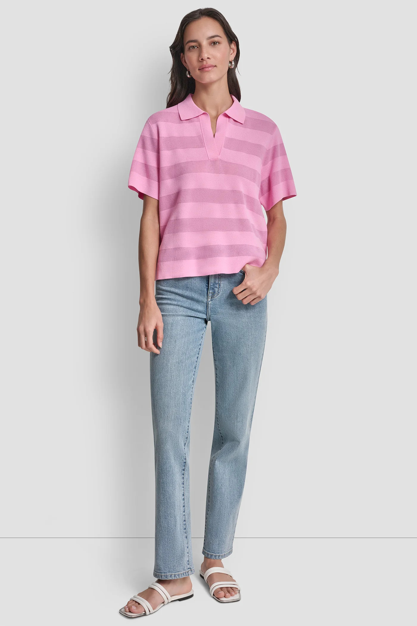 SHEER STRIPED POLO SWEATER | DKNY