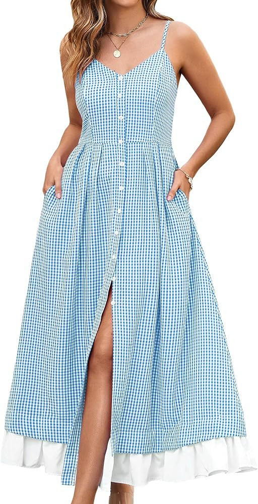 Angashion Women's Dresses-Summer Floral Bohemian Spaghetti Strap Button Down Swing Midi Dress | Amazon (US)