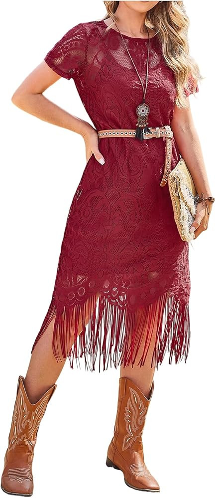 WDIRARA Women's Western Concert 2 Piece Outfits Short Sleeve Sheer Fringe Dress and Cami Dress Se... | Amazon (US)