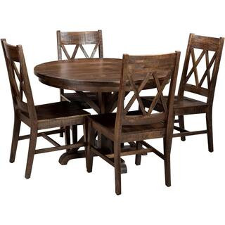 Hanover Annecy 5-Piece Natural Mango Wood Dining Set: 45 in. Round Table with Trestle Base and 4-Cha | The Home Depot