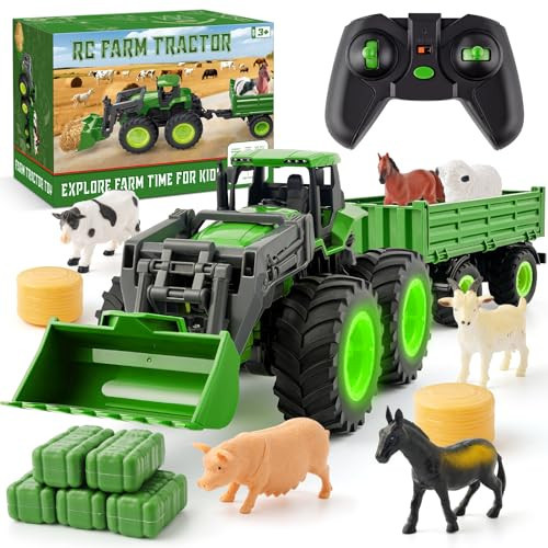 Remote Control Tractor Toy Set with Trailer & Farm Accessories, Light Up Farm Truck Toys for Boys & Girls 3, 4, 5, 6, 7 Year Old, 2.4 Ghz RC Tractor Toys, Ideal Christmas, Birthday Gifts for Kids | Amazon (US)