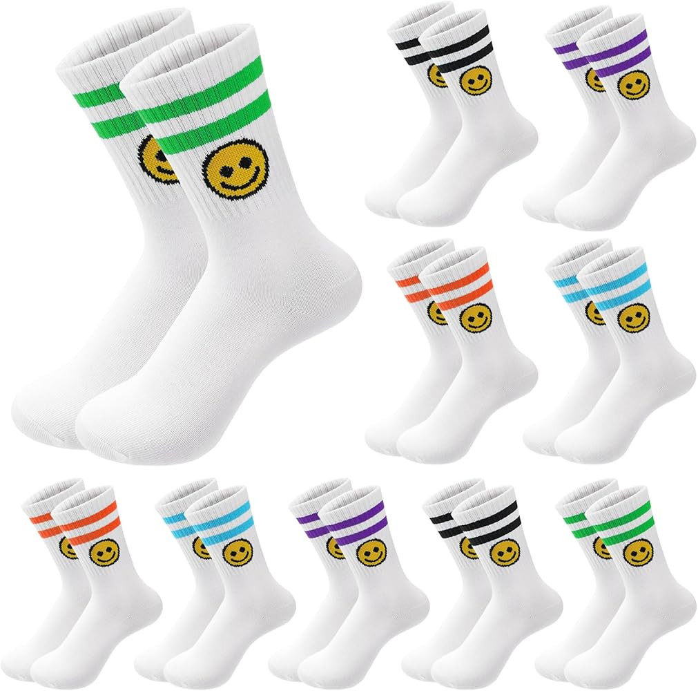 10 Pairs Cute Smiling Face Socks Cotton Striped Tube Socks Novelty Funny Crew Double Stripes Smil... | Amazon (US)