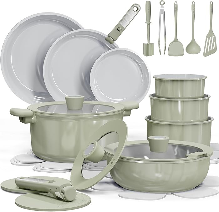 CAROTE 27pcs Ceramic Cookware Set Nonstick, Pots and Pans Set Non Stick, Non Toxic Cookware Detac... | Amazon (US)
