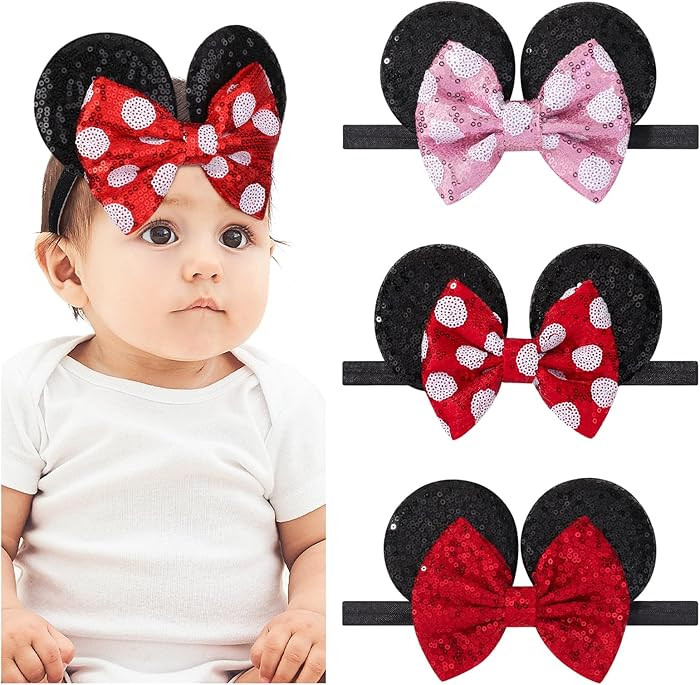 choicbaby 3 PCS Mouse Ears Sequin Bow Nylon Hairband with Polka Dot Cute Baby Headbands Soft Hair... | Amazon (US)