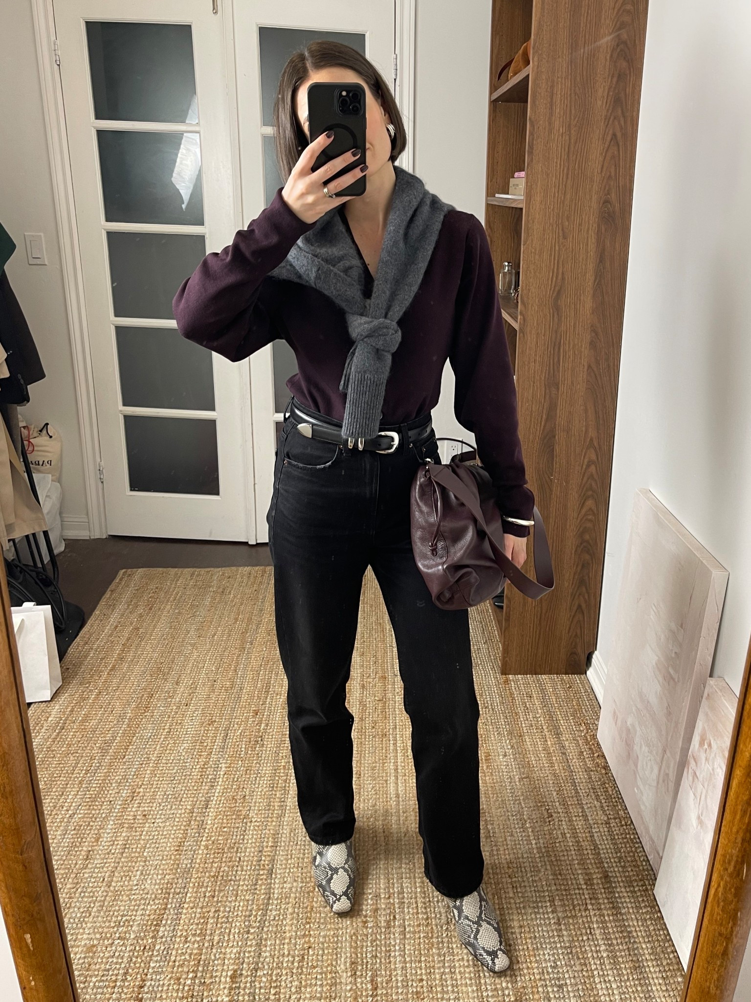 Burgundy cardigan, grey sweater, black jeans (0), snake print boots (tts)

#LTKFindsUnder100 #LTKStyleTip #LTKSeasonal