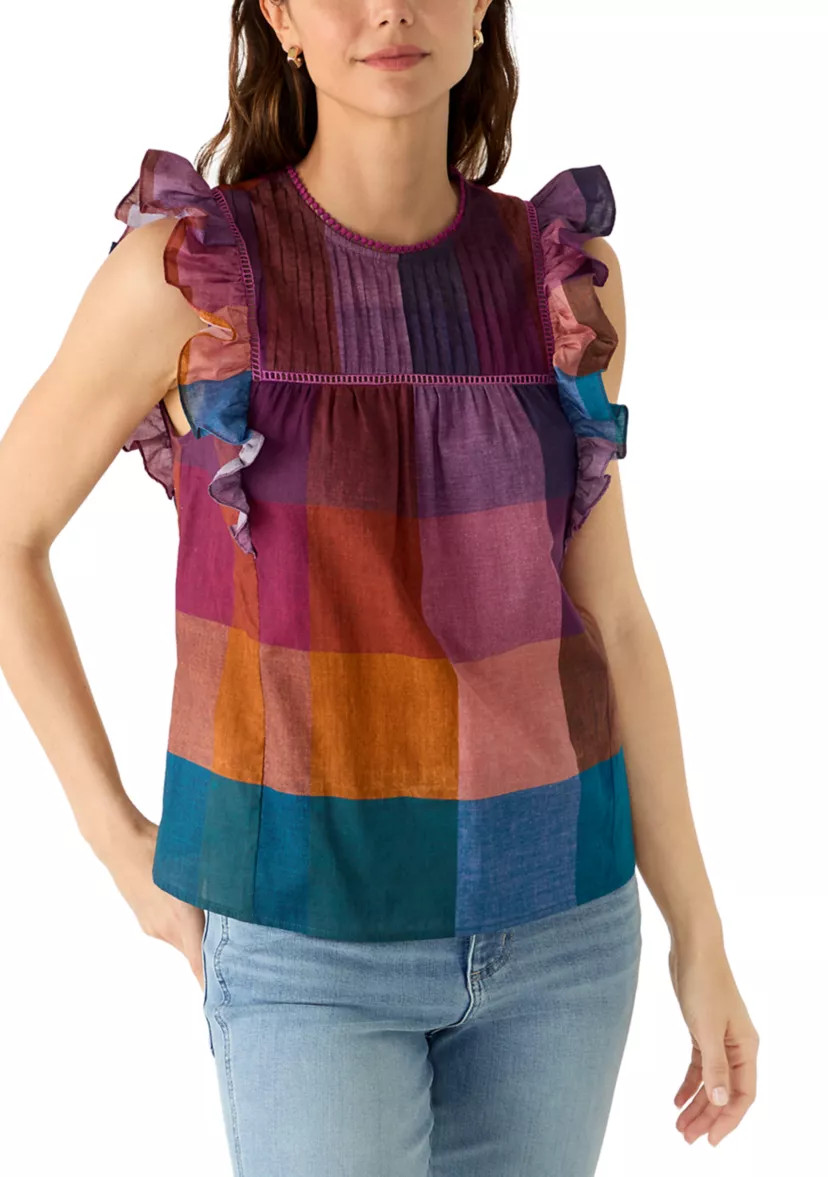 Women's Flutter Sleeve Pintuck Plaid Blouse | Belk