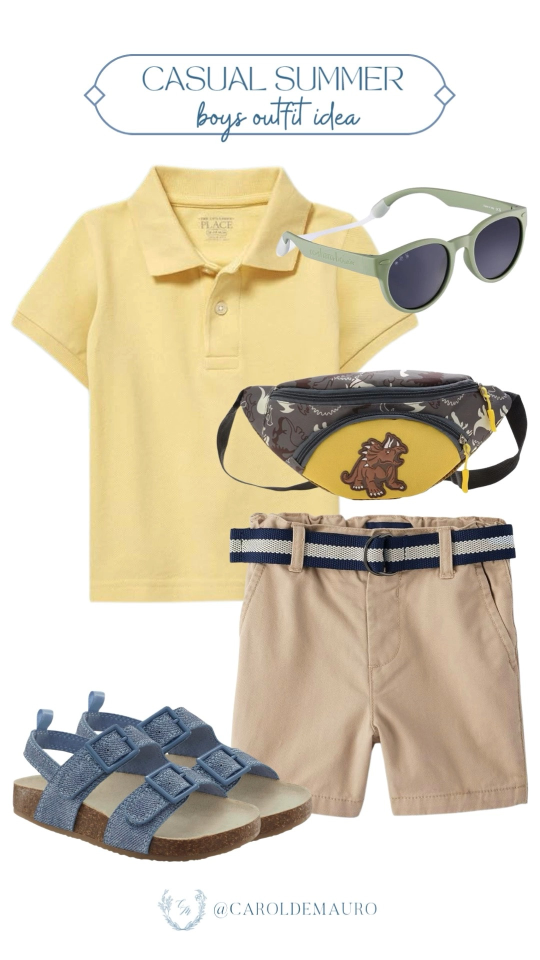 Plan your boy's summer wardrobe with this cute look! Keep him looking sharp yet totally ready for playtime with a classic yellow polo, belted khaki shorts, sage sunglasses, denim sandals, and a dinosaur fanny pack he’ll actually want to wear.

amazon fashion, boys outfit, summer look, kids ootd, vacation style, everyday fit, weekend vibes, toddler fit

#LTKootd #LTKKids