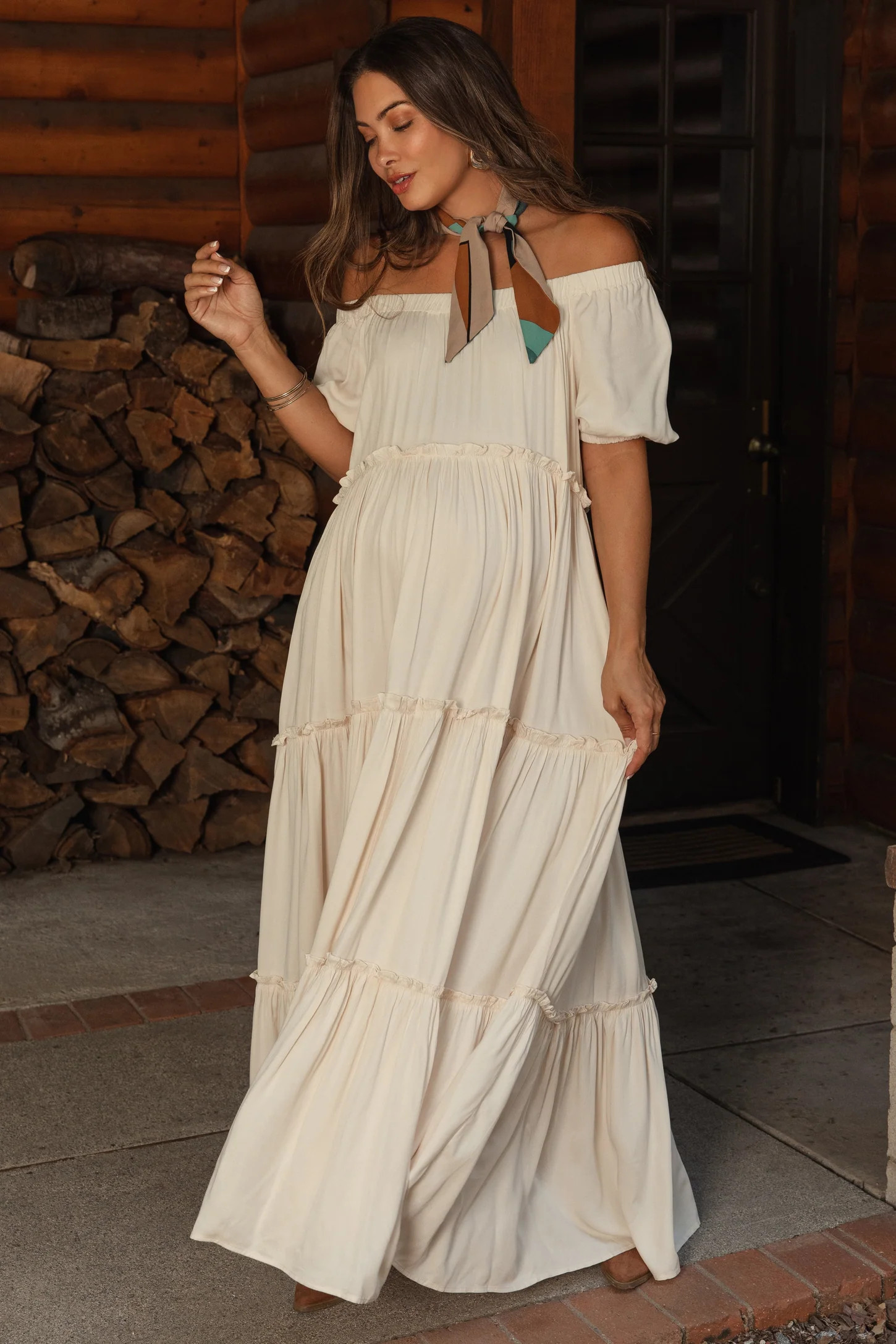 Cream Off Shoulder Ruffle Tiered Maternity Maxi Dress | PinkBlush Maternity