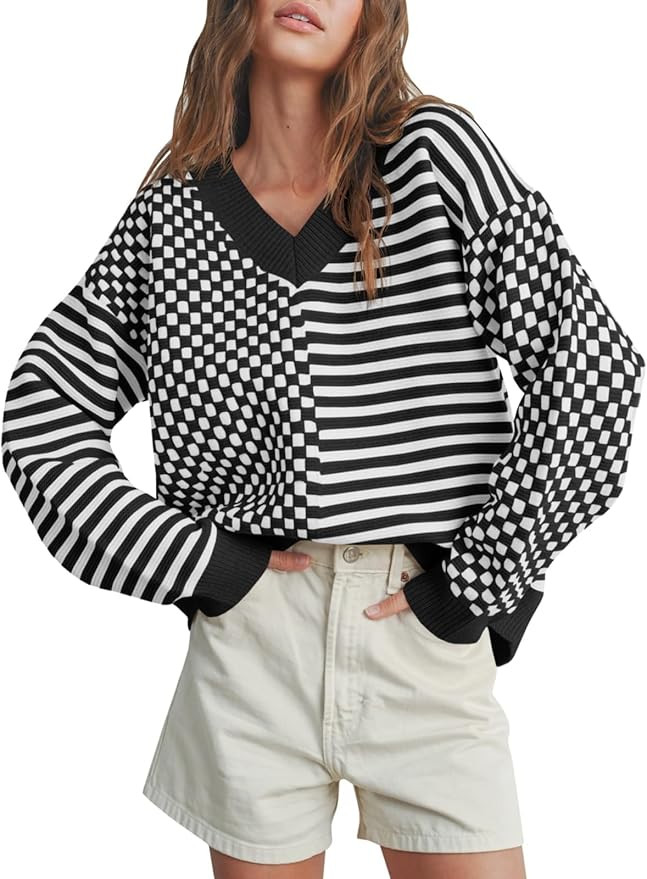 Saodimallsu Womens Checkered Striped Sweater V Neck Long Sleeve Fall Trendy Loose Knit Cozy Pullo... | Amazon (US)