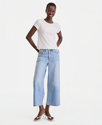 Women's High-Rise Cropped Faux-Pearl-Trim Jeans, Macy's Exclusive | Macy's