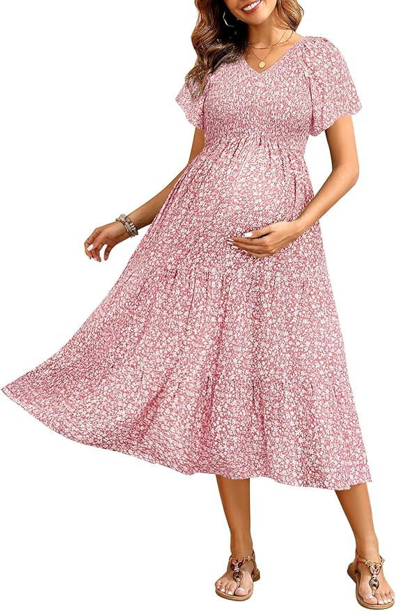 Maternity Dress for Baby Shower - 2025 Photoshoot Pregnancy Summer Midi Casual Flutter Sleeve Dre... | Amazon (US)