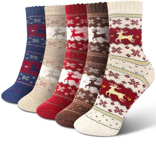 5 Pairs Women Socks Winter Warm Thick Knit Vintage Christmas Socks Crew Cozy Cabin Socks Holiday Gift for Women 5-9 (5 Pairs Christmas Reindeer Style,5) | Amazon (US)