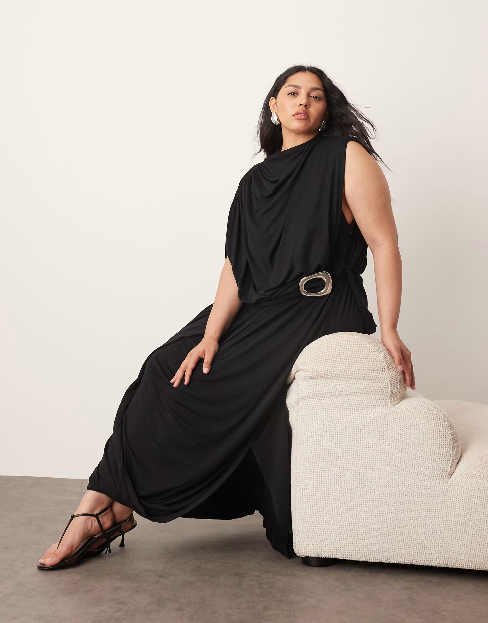 ARRANGE Curve sleeveless draped hem midi dress with buckle trim detail in black | ASOS (Global)