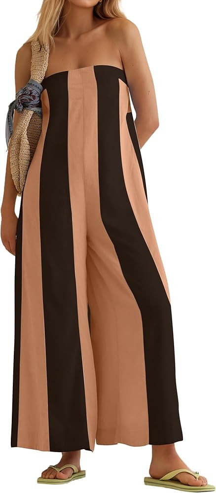 Ythomm Womens Striped Wide Leg Jumpsuits Boho Strapless Long Romper Off Shoulder Summer Jumpsuits... | Amazon (US)