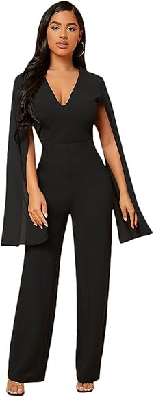 WDIRARA Women's Deep V Neck Split Long Sleeve High Waist Jumpsuit Elegant Formal Wide Leg Long Pa... | Amazon (US)