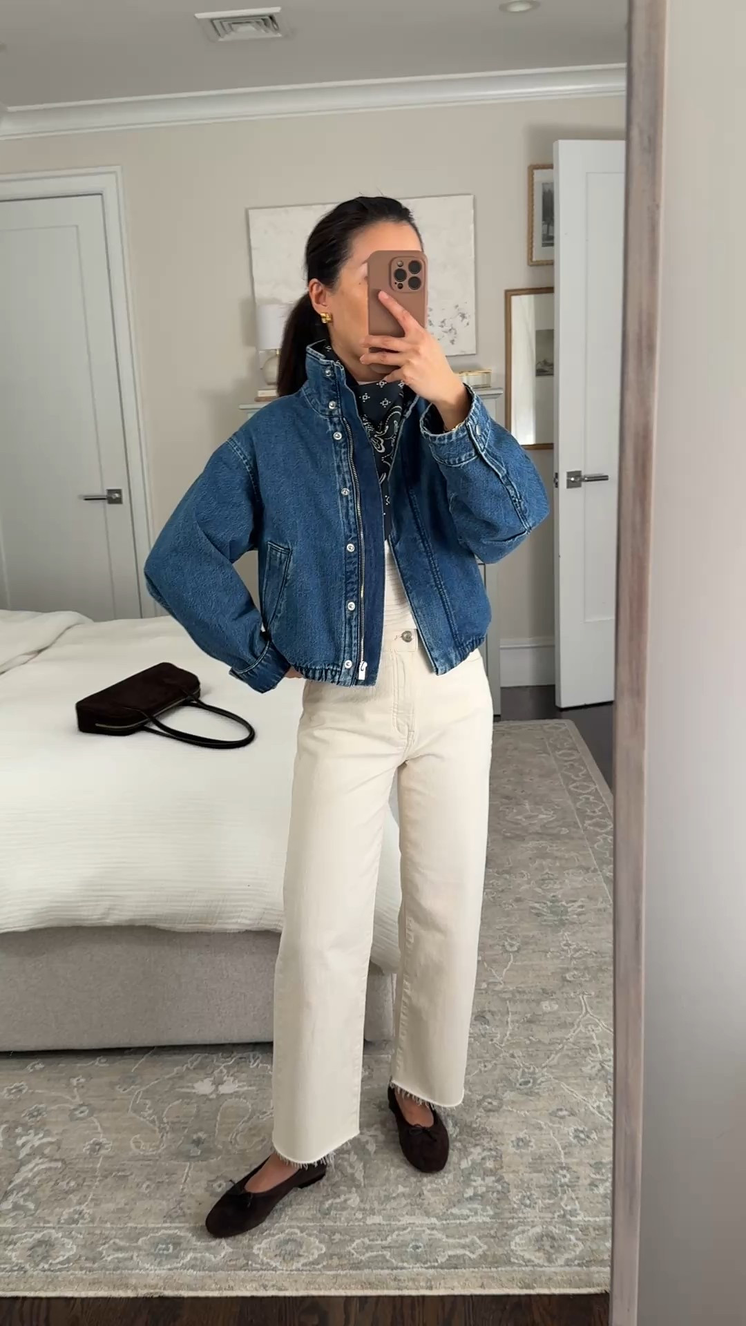 Super chic denim jacket for spring 

• Denim Crop Field Jacket xxs, bomber cut with a higher funnel neck collar, has a drawstring so you can cinch, sleeves are slightly ballooned that I cuffed up a little

• Perfect Vintage Wide-Leg Crop Jean 24 short in Vintage Canvas (has a higher rise than 24 petite) new short sizing keeps the same rise as regular but just shorter length

• Mockneck Dolman Top xxs

• Medium Silk Bandana in classic navy

• Ballet flats 5.5, I am usually in between 5 to 5.5 and took the bigger half

• Top zip suede shoulder bag

Petite friendly outfit, easy mom style, jean jacket, white jean outfit

#LTKmomlife #LTKPetite #LTKSeasonal