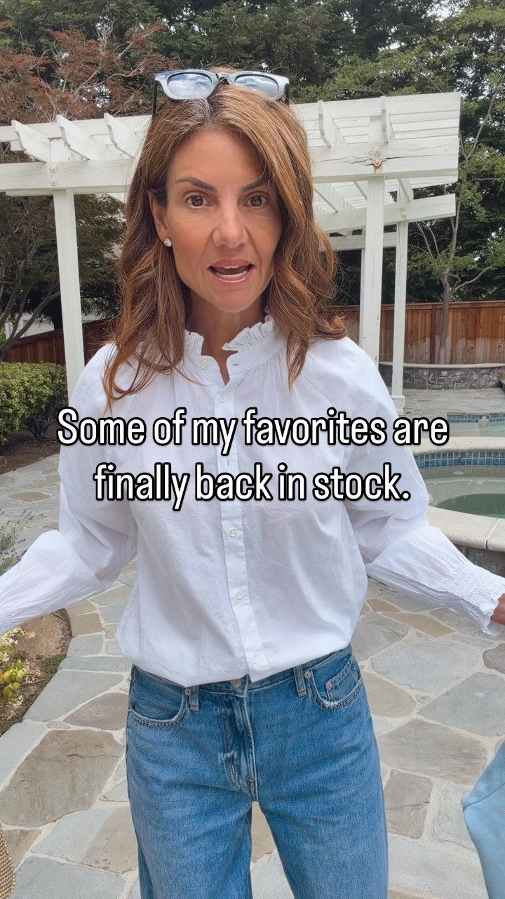 Back in stock favorites 🤍 Powder blue, boyfriend denim, and the sweetest ruffle collar blouse. The blouse is also available in a short sleeve version, the sweatshirt comes in multiple colors, and these jeans come in two washes. Finished the look with blue and white pointed toe kitten heels and a designer-inspired striped bag. Use code LESLIE35 for 35% off the heels.

I’m 5’7” tall wearing a size 25 in the jeans — they run a little big, so if you’re between sizes I would size down. Wearing a size small in the top.

#LTKOver40 #LTKSaleAlert #LTKootd