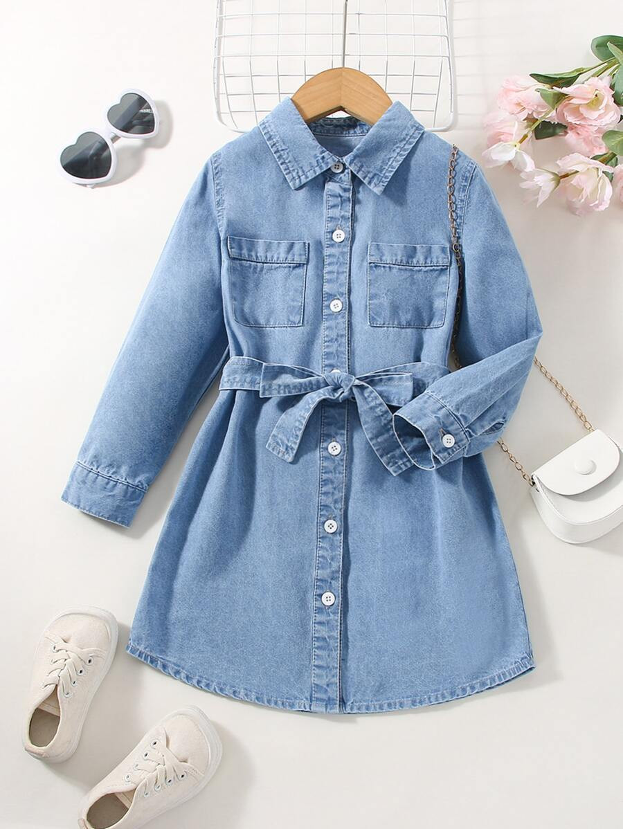 Young Girl Patched Pocket Shirt Denim Dress | SHEIN