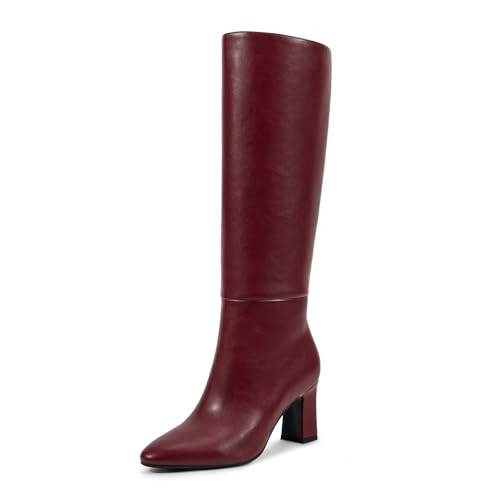 wetkiss Red Knee High Boots for Women Chunky Heel Round Toe Side Zipper Long Boots Almond Toe Block Heeled Burgundy Tall Boot Dress Fashion Party Wedding Daily | Amazon (US)