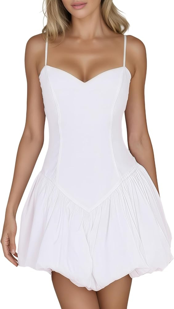 SHESEEWORLD Women's Summer Sleeveless Spaghetti Strap Backless Bubble Mini Dress A Line Corset Ru... | Amazon (US)