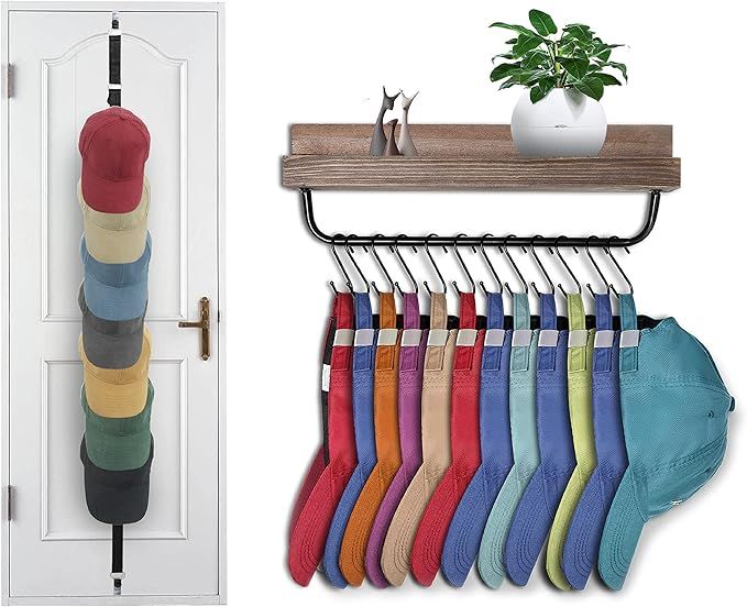 XXXFLOWER Hat Rack for Wall Baseball Cap Organizer, Wall-Mounted Wooden Hat Hanger with 12 Hooks,... | Amazon (US)