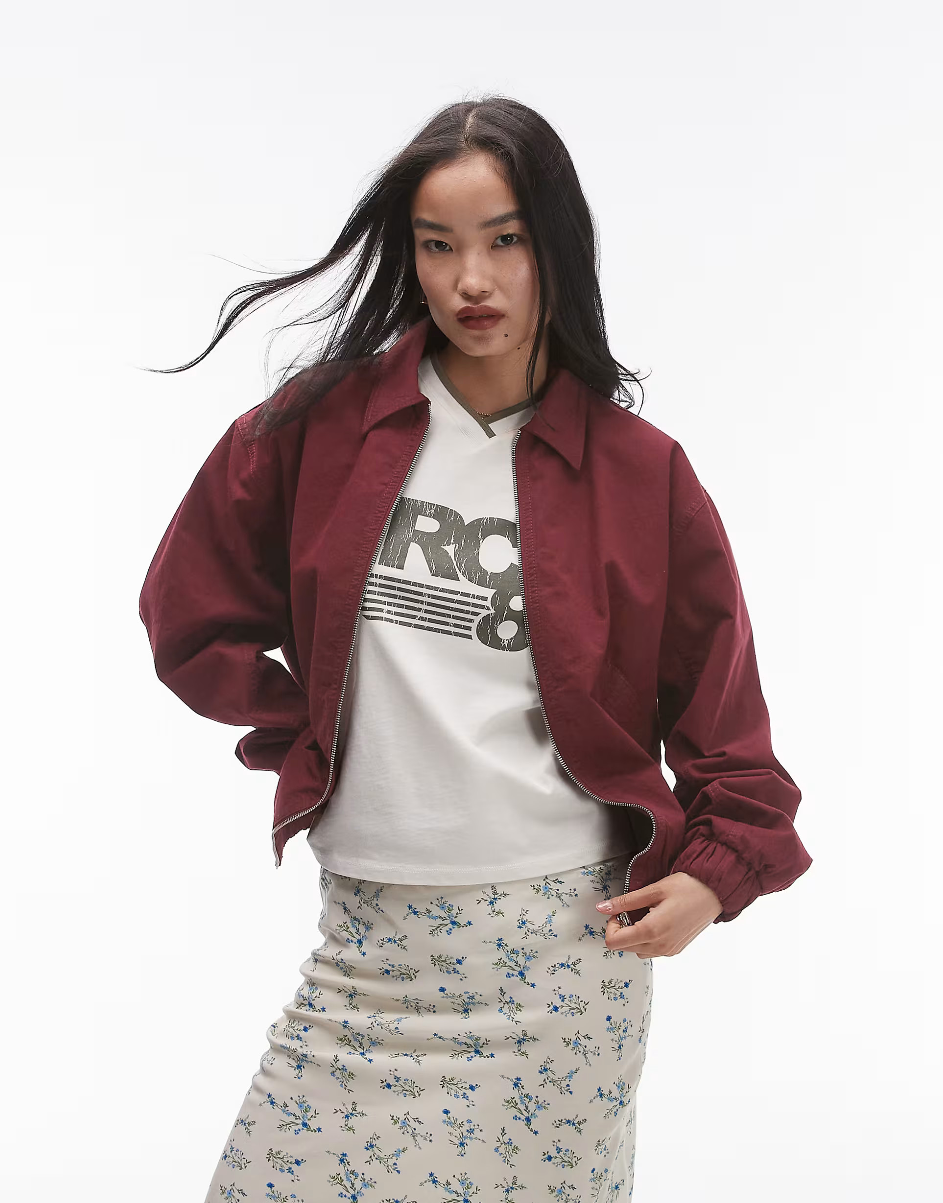 Topshop oversized cotton collar bomber jacket in burgundy | ASOS (Global)