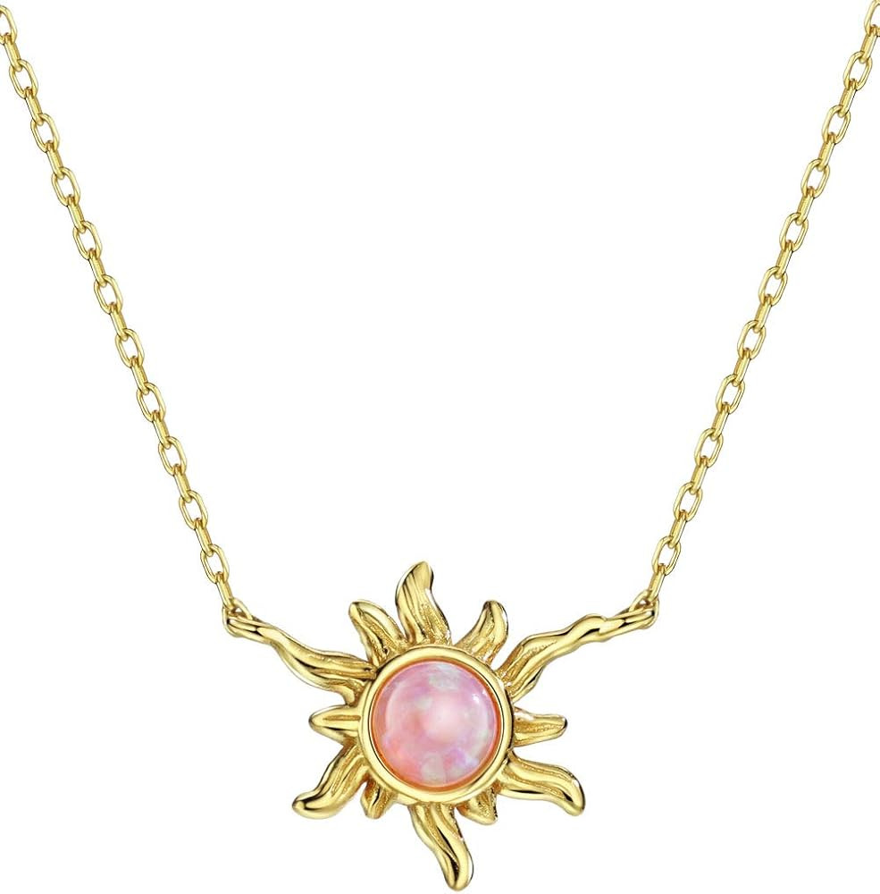 14K Gold Plated Sun Shaped Pendant Necklace Green/Pink Created Opal Sterling Silver Cable Chain 1... | Amazon (US)